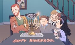  1girl 3boys black_hair brown_hair candle candlestand crossed_arms eric_cartman closed_eyes facial_hair father_and_daughter father_and_son formal gerald_broflovski glasses green_eyes hairband hat highres ike_broflovski kyle_broflovski menorah menorah_cartman moisha_cartman multiple_boys aged_up red_hair shawl sheila_broflovski short_hair shouri_(mirrorshards) smile south_park south_park:_post_covid spoilers star-shaped_pupils star_(symbol) suit sweater sweater_vest symbol-shaped_pupils yamaka 