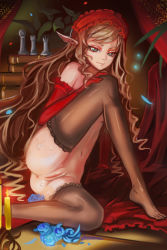  1girl anus blue_eyes brown_hair candle charlotte_(w5353383) chess_piece elbow_gloves flower gloves long_hair navel nude original pointy_ears pussy rose solo thighhighs wavy_hair  rating:Explicit score:30 user:danbooru