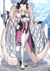  1girl animal_ear_fluff animal_ears black_gloves black_ribbon breasts cape fate/grand_order fate_(series) fox_ears fox_girl fox_tail full_body fur-trimmed_cape fur_trim glasses gloves hair_ribbon highres koyanskaya_(fate) large_breasts leotard long_hair looking_at_viewer official_art pink_hair rabbit_ears ribbon ruins snowing solo tail tamamo_(fate) twintails wada_arco white_background white_leotard yellow_eyes  rating:Sensitive score:15 user:llooptime