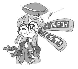  1girl beret call_(mighty_no._9) call_b duodynamo flat_chest glasses hat long_hair mighty_no._9 monochrome one_eye_closed pointing robot simple_background smile solo wink  rating:Sensitive score:0 user:shojidarklight