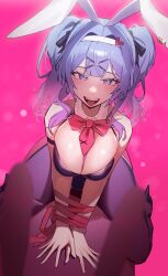  1girl animal_ears arm_strap bare_shoulders black_leotard blue_eyes blue_hair blush bound bound_wrists bow bowtie breasts detached_collar fake_animal_ears hair_ornament hatsune_miku highres large_breasts leotard long_hair looking_at_viewer open_mouth pantyhose pink_background pink_bow pink_bowtie pink_ribbon playboy_bunny rabbit_ears rabbit_hole_(vocaloid) ribbon ribbon_bondage riding sidelocks smile solo teeth tongue tongue_out upper_teeth_only vocaloid x_hair_ornament yzr_(yzr99) 