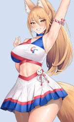 1girl animal_ears armpits arms_up breasts character_request cheerleader choker covered_erect_nipples highres large_breasts long_hair mole mole_under_eye ponytail skirt smile solo tail zonda_(solid_air) 
