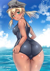  10s 1girl ass blonde_hair blush breasts curvy green_eyes kantai_collection long_hair looking_at_viewer looking_back medium_breasts one-piece_swimsuit open_mouth prinz_eugen_(kancolle) sakiyamama solo swimsuit tan tanline thick_thighs thighs twintails wide_hips  rating:Sensitive score:33 user:danbooru