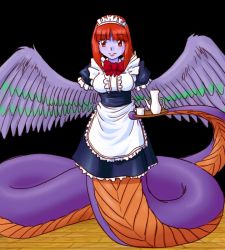  1girl apron atlus baal_(megami_tensei) blush breasts colored_skin cup feathered_wings feathers frills lamia maid maid_apron maid_headdress megami_tensei monster_girl no_arms purple_bonus purple_skin red_eyes red_hair scales serving short_hair smile solo spread_wings supon teacup teapot wings  rating:Sensitive score:8 user:Chibodee