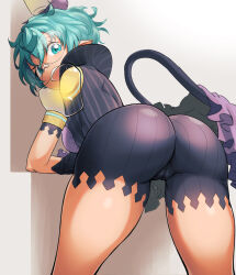  1girl :d ass ass_focus glasses gloves green_eyes green_hair jacket leaning_forward natto_soup open_mouth pandoria_(xenoblade) pointy_ears purple_gloves purple_jacket purple_shorts short_hair shorts smile solo tail thighs xenoblade_chronicles_(series) xenoblade_chronicles_2 