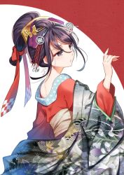  1girl alternate_costume black_hair bow commentary_request commission grey_eyes hair_between_eyes hair_bow hair_ornament hand_up highres japanese_clothes kimono long_sleeves looking_away looking_to_the_side maou_no_hajimekata nekozuki_yuki off_shoulder open_clothes parted_lips red_background red_bow red_kimono signature skeb_commission solo spina_(maou_no_hajimekata) two-tone_background white_background wide_sleeves 