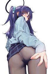  1girl absurdres ass black_skirt blue_archive blue_shirt blush cowboy_shot fingernails halo hand_on_own_ass highres long_hair long_sleeves looking_back mechanical_halo painterliuhao panties panties_under_pantyhose pantyhose purple_eyes purple_hair shirt simple_background skirt solo thighs two_side_up underwear white_background white_panties yuuka_(blue_archive) 