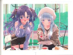 2girls blue_archive blue_hair blush cake cup food fork fruit halo incoming_food kani_biimu light_blue_hair long_hair looking_at_viewer multiple_girls noa_(blue_archive) official_art scan strawberry teacup twintails yuuka_(blue_archive)