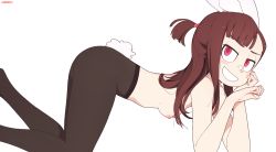 1girl animal_ears ass asymmetrical_bangs bad_id bad_pixiv_id black_pantyhose blunt_bangs blush breasts brown_hair hanging_breasts highres kagari_atsuko little_witch_academia long_hair looking_at_viewer looking_to_the_side nipples no_bra once_11h pantyhose paw_pose ponytail rabbit_ears rabbit_girl rabbit_tail red_eyes short_ponytail simple_background small_breasts smile solo tail thighs top-down_bottom-up topless white_background rating:Explicit score:76 user:tanaab1234567890