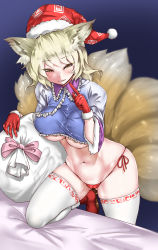 1girl adapted_costume animal_ears bed_sheet blue_background blurry boots bow breasts cameltoe christmas covered_erect_nipples crop_top fox_ears fox_tail frills fur-trimmed_boots fur_trim gloves gluteal_fold groin_tendon half-closed_eyes hat index_finger_raised kuranosuke large_breasts looking_at_viewer multiple_tails navel no_pants panties parted_lips red_footwear red_gloves sack santa_hat short_hair side-tie_panties simple_background solo standing standing_on_one_leg stomach tail thighhighs toned touhou underboob underwear white_thighhighs wide_sleeves yakumo_ran yellow_eyes rating:Questionable score:15 user:danbooru