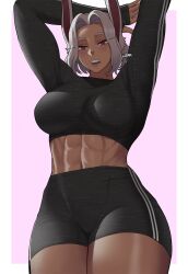  1girl abs animal_ears arms_up artist_name boku_no_hero_academia breasts crop_top dark-skinned_female dark_skin gud0c highres large_breasts long_sleeves looking_at_viewer midriff milestone_celebration mirko muscular muscular_female navel open_mouth rabbit_ears rabbit_girl red_eyes short_hair shorts solo stomach thick_thighs thighs white_hair wide_hips  rating:Sensitive score:40 user:danbooru