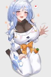  1girl animal_ear_fluff animal_ears blue_hair blush bodystocking bow breasts carrot cleavage clothing_cutout dress feet food_in_pocket heart highres hololive kneeling lap_pillow_invitation large_breasts long_braid mature_female motion_lines multicolored_hair open_mouth orange_bow orange_sash pekomama purple_eyes rabbit-shaped_pupils rabbit_ears see-through see-through_cleavage short_eyebrows shoulder_cutout solo spoken_heart symbol-shaped_pupils two-tone_hair virtual_youtuber white_bow white_dress white_hair yobi_(ybpac18) 