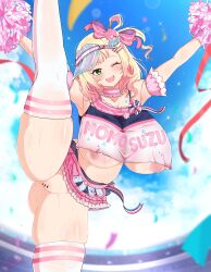  1girl absurdres arm_garter armpits arms_up artist_name bar_censor blonde_hair blush breasts censored cheerleader choker clothes_writing confetti covered_erect_nipples frilled_choker frilled_skirt frills gluteal_fold gradient_hair green_eyes hair_ornament hat heart heart_hair_ornament highres hololive huge_breasts kneepits leg_up long_hair looking_at_viewer midriff miniskirt momosuzu_nene momosuzu_nene_(cheerleader) multicolored_hair nipples official_alternate_costume one_eye_closed open_mouth panties pink_choker pink_hair pink_hat pink_skirt pom_pom_(cheerleading) pussy rudeus_(steban_sharnak) sideways_hat skirt smile solo sparkle split standing standing_on_one_leg standing_split streamers striped_clothes striped_thighhighs sweat thighhighs underwear virtual_youtuber visor_cap 
