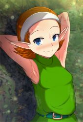  1girl against_tree aikawa_arika armpits arms_behind_head belt blue_eyes blurry blurry_background blush brown_hair closed_mouth female_focus forehead hairband highres kokiri loli looking_at_viewer nintendo outdoors pointy_ears short_hair sleeveless smile solo standing sweat the_legend_of_zelda the_legend_of_zelda:_ocarina_of_time tree tunic upper_body white_hairband 