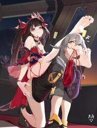  2girls absurdres all_fours artist_logo barefoot bell black_choker black_footwear black_jacket breasts brown_hair choker closed_mouth commentary detached_sleeves double-parted_bangs dress eyelashes feet footprints full_body grey_hair hair_between_eyes hair_ornament hand_on_another&#039;s_ass high_heels highres honkai:_star_rail honkai_(series) indoors jacket legs long_hair looking_at_another looking_back mouth_hold multiple_girls nail_polish neck_bell obi obijime pink_eyes purple_footwear red_dress red_nails sandals sash short_sleeves sitting sitting_on_person small_breasts soles sparkle_(honkai:_star_rail) stelle_(honkai:_star_rail) strapless strapless_dress symbol-only_commentary thighs toenail_polish toenails toes trailblazer_(honkai:_star_rail) twintails unworn_sandals v.a._(vanilla) yellow_eyes  rating:Sensitive score:74 user:danbooru