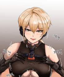  1girl black_gloves blonde_hair breasts commentary elbow_gloves english_commentary girls&#039;_frontline girls&#039;_frontline_2:_exilium gloves headgear highres kepra_iii looking_at_viewer ots-14_(girls&#039;_frontline) paizuri paizuri_under_clothes penis sleeveless sweat underboob yellow_eyes  rating:Explicit score:14 user:danbooru