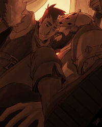  2boys beard between_legs brown_theme connected_beard couple crusader_(darkest_dungeon) darkest_dungeon eye_contact facial_hair foreshortening from_below full_beard helmet highres highwayman_(darkest_dungeon) knight looking_at_another male_focus mature_male multiple_boys osplague seductive_smile short_hair smile thick_eyebrows yaoi 
