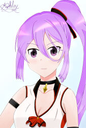  1girl absurdres akiraru_junker armband ashley_(lapis_re:lights) black_choker breasts character_name choker cleavage collarbone commentary_request cursive gradient_background hair_between_eyes hair_ribbon highres lapis_re:lights long_hair looking_at_viewer medium_breasts neck_ruff pastel_colors ponytail purple_eyes purple_hair ribbon sidelocks sleeveless smile solo sweat upper_body 
