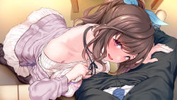 1boy 1girl blue_ribbon blush breasts brown_hair cleavage clothes_lift collarbone formal full_body hair_between_eyes hair_ribbon head_out_of_frame idolmaster idolmaster_shiny_colors leaning_to_the_side looking_at_viewer matsukawa_(pale_scarlet) necktie off-shoulder_sweater off_shoulder open_mouth out_of_frame pantyhose pink_eyes pointy_breasts ponytail producer_(idolmaster) ribbon shirt shirt_lift sidelocks sitting skirt suit sweater tareme tsukioka_kogane white_shirt white_sweater rating:Questionable score:50 user:danbooru