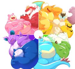  6+boys abs bara belly blush chesnaught claws clenched_hand closed_eyes closed_mouth color_wheel_challenge commentary creatures_(company) crocodilian_tail dogoronumber3 dragon_wings dragonite english_commentary facing_viewer fangs fangs_out fat feraligatr furry furry_male game_freak gen_1_pokemon gen_2_pokemon gen_6_pokemon hand_on_own_stomach hands_on_own_stomach highres horns legendary_pokemon looking_at_viewer male_focus multiple_boys multiple_drawing_challenge muscular muscular_male nidoking nintendo nipples open_mouth pectorals pokemon pokemon_(creature) profile raikou slowpoke smile snorlax tail tyrantrum white_background wings 