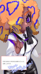  1girl black_necktie black_pants blonde_hair blue_hair breasts cephalopod_eyes collared_shirt cowboy_shot dark-skinned_female dark_skin grey_background hair_over_one_eye hand_up highres long_sleeves looking_at_viewer medium_hair mouth_hold mugyiiiii_ika multicolored_hair necktie necktie_in_mouth nintendo octoling one_eye_covered orange_hair pants purple_eyes purple_pupils request_inset shirt skindentation solo spiked_hair splatoon_(series) splatoon_3 suspenders suspenders_pull tao_blu_(splatoon) thigh_gap translation_request w white_shirt 