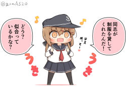 1girl anchor_symbol black_bow black_hat black_sailor_collar black_skirt black_thighhighs bow brown_eyes brown_hair chibi commentary_request flat_cap full_body goma_(yoku_yatta_hou_jane) hair_bow hat hibiki_(kancolle) horosho kantai_collection long_hair low_twintails open_mouth sailor_collar school_uniform serafuku simple_background skirt solo standing tashkent_(kancolle) thighhighs translation_request twintails twitter_username wavy_mouth white_background