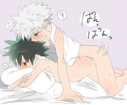  2boys all_fours anal ass bed blue_eyes blush bottomless child_on_child face_in_pillow gon_freecss green_hair half-closed_eyes hugging_object hunter_x_hunter killua_zoldyck looking_at_another looking_down lying male_focus male_penetrated motion_blur motion_lines multiple_boys nude on_stomach pillow pillow_hug sex sex_from_behind shota sweat tank_top towel towel_around_neck white_hair x-ray yaoi  rating:Explicit score:217 user:aqwzsxx
