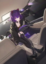  1girl :/ absurdres animal_ears black_footwear black_jacket black_shorts black_thighhighs boots breasts car_interior cat_ears cat_tail cleavage closed_mouth commentary crossed_legs fingernails garter_straps gun highres holding holding_gun holding_weapon jacket leaning_forward long_fingernails long_sleeves nail_polish nikki_l open_clothes open_jacket original purple_eyes purple_hair purple_nails short_hair shorts small_breasts solo tail thighhighs weapon 