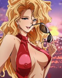  1girl blonde_hair blue_eyes breasts choker cleavage commentary covered_erect_nipples english_commentary fritz_willie golden_boy highres long_hair looking_at_viewer medium_breasts onna_shachou red_choker solo sunglasses  rating:Questionable score:37 user:danbooru