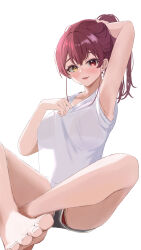  1girl absurdres alternate_costume ara1e arm_up armpits bare_legs blush bra casual fang feet foreshortening heterochromia highres hololive houshou_marine indian_style long_hair looking_at_viewer open_mouth panties panty_peek ponytail red_bra red_eyes red_hair red_panties see-through shirt short_shorts shorts sitting skin_fang smile solo t-shirt underwear virtual_youtuber yellow_eyes 