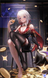 1girl bare_shoulders barefoot black_gloves black_thighhighs blush bottle breasts cleavage coin elbow_gloves gloves hair_ornament highres honkai:_star_rail honkai_(series) large_breasts ling_dianxia looking_at_viewer purple_eyes red_hair single_glove sitting smile solo stool thighhighs topaz_(honkai:_star_rail) topper_(nu_carnival) torn_clothes torn_thighhighs white_hair rating:Sensitive score:8 user:danbooru