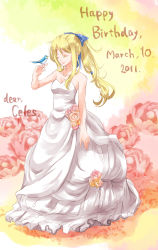  1990s_(style) 1girl bare_shoulders bird bird_on_hand blonde_hair blue_ribbon bow celes_chere character_name dress closed_eyes female_focus final_fantasy final_fantasy_vi flower ginshachi hair_bow happy_birthday high_ponytail highres long_hair mossari_(pixiv1286047) multicolored_rose pink_flower pink_rose ponytail retro_artstyle ribbon rose smile solo yellow_flower yellow_rose 