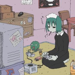  1girl chair food futaba_channel game_console gamecube indoors iya_maid lowres maid marimo neji_(futaba) oekaki on_floor open_mouth playing_games pocky seiza sitting solo table television video_game 