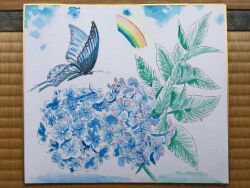  blue_butterfly bug butterfly day flower hydrangea insect leaf motisui_(lv._1) no_humans original outdoors photo_(medium) rainbow traditional_media watercolor_pencil_(medium) 
