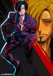 2boys absurdres alternate_hair_color belt black_hair blonde_hair blood closed_eyes closed_mouth collared_shirt curly_eyebrows dark_persona evil_smile facial_hair hair_over_one_eye highres multiple_boys necktie official_alternate_costume one_piece pants red_suit rita_ya sanji_(one_piece) shirt short_hair smile smirk suit white_necktie