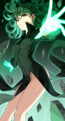 1girl absurdres aura bare_legs breasts commentary covered_navel curly_hair debris dress expressionless eyelashes feet_out_of_frame floating floating_hair floating_rock from_side glowing glowing_hand gradient_background green_background green_dress green_eyes green_hair highres looking_at_viewer medium_hair no_panties one-punch_man onimoti outstretched_arms outstretched_hand parted_lips resolution_mismatch ribs simple_background small_breasts solo source_smaller tatsumaki taut_clothes taut_dress telekinesis thighs rating:Sensitive score:46 user:danbooru