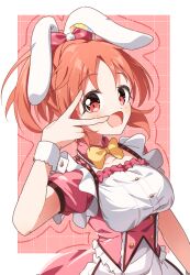  1girl abe_nana animal_ears blush bow bowtie breasts detached_collar grid_background hair_bow highres idolmaster idolmaster_cinderella_girls idolmaster_cinderella_girls_starlight_stage long_hair looking_at_viewer medium_breasts orange_hair outline ponytail puffy_short_sleeves puffy_sleeves rabbit_ears shirt short_sleeves smile solo upper_body v v_over_eye white_shirt wrist_cuffs yairo_ju yellow_bow yellow_bowtie 