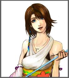  00s 1girl bare_shoulders blue_eyes brown_hair detached_sleeves dress female_focus final_fantasy final_fantasy_x japanese_clothes jewelry necklace open_mouth short_hair simple_background solo space_(pixiv) staff white_background yosuke_(pixiv1382213) yuna 