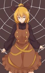 1girl black_background black_bow blonde_hair blush bow breasts brown_dress closed_mouth commentary dress hair_bow highres kakone kurodani_yamame long_sleeves looking_at_viewer medium_breasts one-hour_drawing_challenge silk simple_background smile solo spider_web touhou yellow_eyes