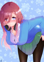 1girl absurdres bent_over black_bra blue_cardigan blue_eyes blush bra breasts brown_hair cardigan cleavage closed_mouth clothes_pull collared_shirt commentary go-toubun_no_hanayome green_skirt headphones headphones_around_neck highres lace lace_bra large_breasts long_hair looking_at_viewer nakano_miku pantyhose pantyhose_pull pleated_skirt saco_(cgmore) shirt skirt smile solo underwear white_shirt rating:Sensitive score:18 user:danbooru