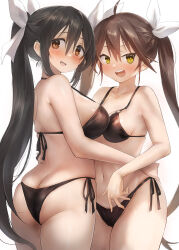  2girls :d arm_around_waist ass bikini black_bikini black_hair bow breasts brown_eyes brown_hair butt_crack chikuma_(kancolle) commentary_request hair_bow kantai_collection large_breasts long_hair medium_breasts multiple_girls navel open_mouth paid_reward_available ponytail siblings side-tie_bikini_bottom sisters smile swimsuit toka_(marchlizard) tone_(kancolle) twintails white_background white_bow yellow_eyes 