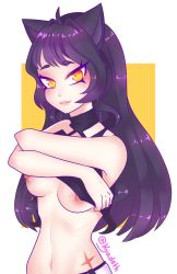  1girl absurdres animal_ears artist_name blake_belladonna breasts cat_ears cat_girl female_focus highres kyadeth shirt_lift long_hair looking_at_viewer nipples rwby scar smile solo undressing yellow_eyes  rating:Questionable score:26 user:Medic4