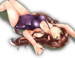  1girl akagi_asahito bad_id bad_pixiv_id blacan brown_hair highres long_hair looking_at_viewer lying on_back one-piece_swimsuit original school_swimsuit simple_background solo swimsuit yellow_eyes 