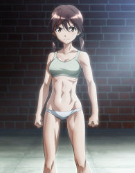  1girl absurdres breasts brown_eyes brown_hair closed_mouth collarbone gertrud_barkhorn grey_sports_bra groin highres indoors looking_at_viewer medium_breasts navel panties smile solo sports_bra strike_witches twintails underwear white_panties world_witches_series  rating:Sensitive score:60 user:tanaab1234567890