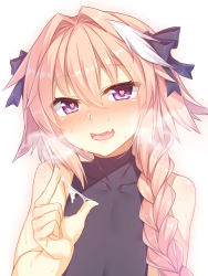  1boy :d astolfo_(fate) blush braid breath commentary_request cum cum_on_fingers cum_string fang fate/apocrypha fate_(series) hair_intakes hair_ribbon heart heart-shaped_pupils heavy_breathing long_hair looking_at_viewer male_focus naughty_face nose_blush open_mouth pink_hair purple_eyes racer_(magnet) ribbon single_braid skin_fang smile solo suggestive_fluid sweat symbol-shaped_pupils trap upper_body  rating:Explicit score:64 user:danbooru