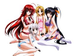  10s 4girls absurdres asia_argento barefoot black_hair blonde_hair bra breasts brown_hair everyone feet female_focus high_school_dxd highres himejima_akeno large_breasts lingerie long_hair microphone multiple_girls official_art panties red_hair rias_gremory scan small_breasts toujou_koneko underwear  rating:Questionable score:54 user:mikewito