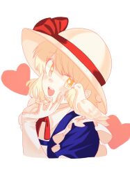 1girl :d animal animal_on_shoulder bird bird_on_shoulder blonde_hair blue_dress collared_dress commentary_request cropped_torso dove dress elbow_gloves gloves happy hat hat_ribbon heart highres kana_anaberal neck_ribbon open_mouth puffy_short_sleeves puffy_sleeves red_ribbon ribbon short_sleeves simple_background smile sun_hat teeth touhou touhou_(pc-98) turtle-kun upper_body upper_teeth_only white_background white_bird white_gloves white_headwear yellow_dress yellow_eyes