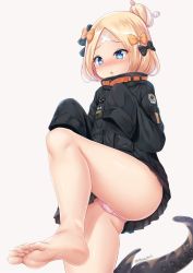1girl abigail_williams_(fate) abigail_williams_(traveling_outfit)_(fate) bandaid bandaid_on_face bandaid_on_forehead barefoot belt black_bow black_coat blonde_hair blue_eyes blush bow coat cowboy_shot embarrassed eyelashes fate/grand_order fate_(series) feet gluteal_fold hair_bow hair_bun highres long_hair long_sleeves looking_to_the_side milkshakework nose_blush official_alternate_costume open_mouth orange_belt orange_bow panties parted_bangs pink_panties polka_dot polka_dot_bow polka_dot_panties shiny_skin simple_background single_hair_bun sleeves_past_fingers sleeves_past_wrists soles standing standing_on_one_leg tentacles toenails toes twitter_username underwear white_background rating:Questionable score:81 user:danbooru