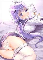 1girl absurdres ahoge azur_lane bed_sheet blunt_bangs butt_crack cellphone classic_(zildjian33) clothes_pull commentary_request hugging_doll from_behind hair_ornament hair_scrunchie highres holding holding_phone long_hair long_sleeves looking_at_viewer looking_back low_twintails lying hugging_object on_stomach panties pantyhose pantyhose_pull pantyshot phone pleated_skirt purple_eyes purple_hair school_uniform scrunchie serafuku sidelocks skirt smartphone smile solo stuffed_animal stuffed_toy stuffed_winged_unicorn twintails twisted_torso underwear unicorn_(long-awaited_date)_(azur_lane) unicorn_(azur_lane) white_panties white_pantyhose x_hair_ornament rating:Sensitive score:83 user:danbooru