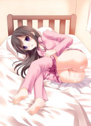 1girl ass barefoot bed bed_sheet bedwetting black_hair blush feet ikeda_yuuki long_hair lying no_panties on_side open_mouth original pajamas pee peeing peeing_self purple_eyes purposeful_wetting pussy pussy_juice revision solo thighs tongue uncensored wet wet_clothes rating:Explicit score:72 user:danbooru